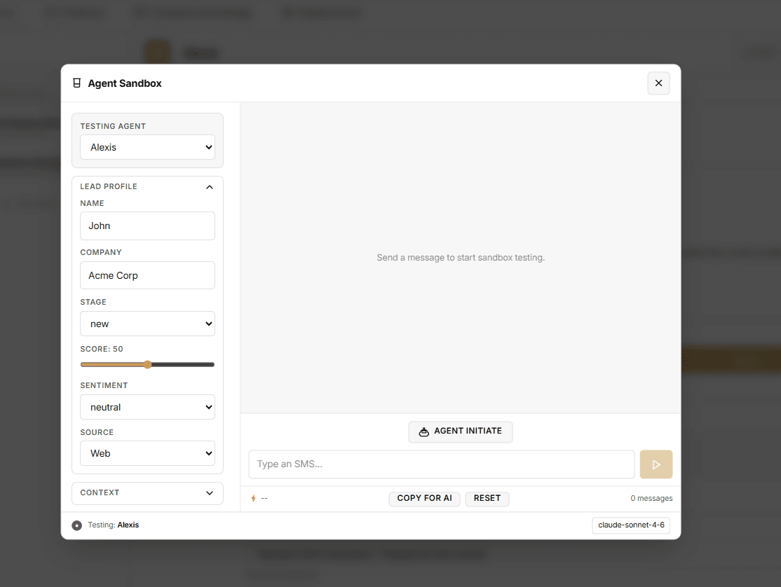 TalonPulse Agent Sandbox for testing an AI assistant with lead profile controls and message input.