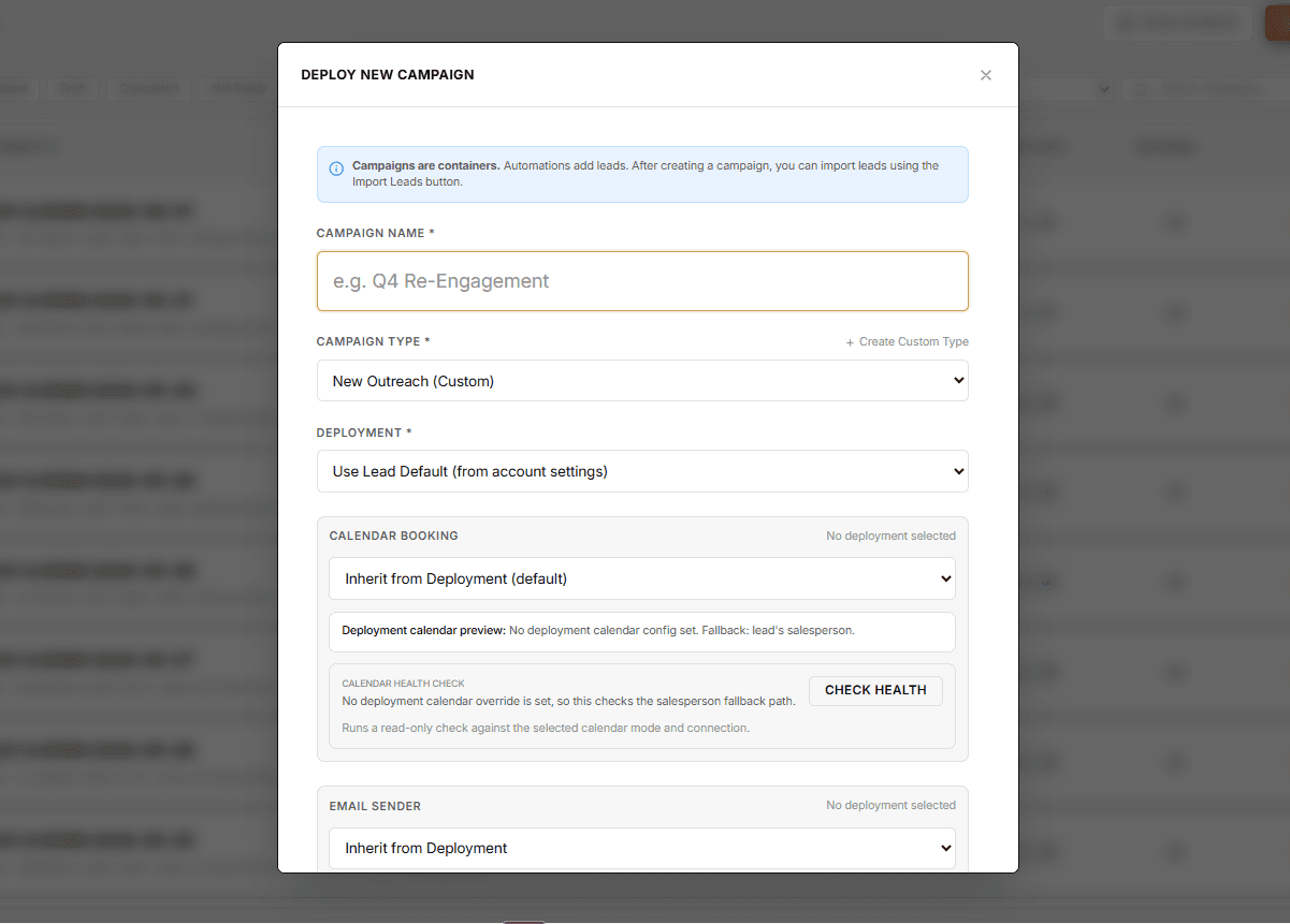 TalonPulse deploy campaign modal with campaign name, type, deployment, calendar booking, and sender settings.