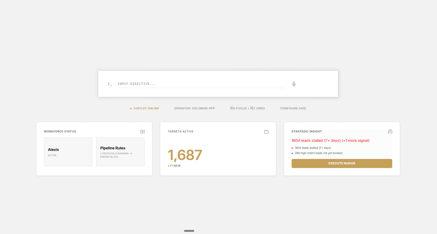 Tykuno operator dashboard showing live lead pipeline and stalled-lead alerts