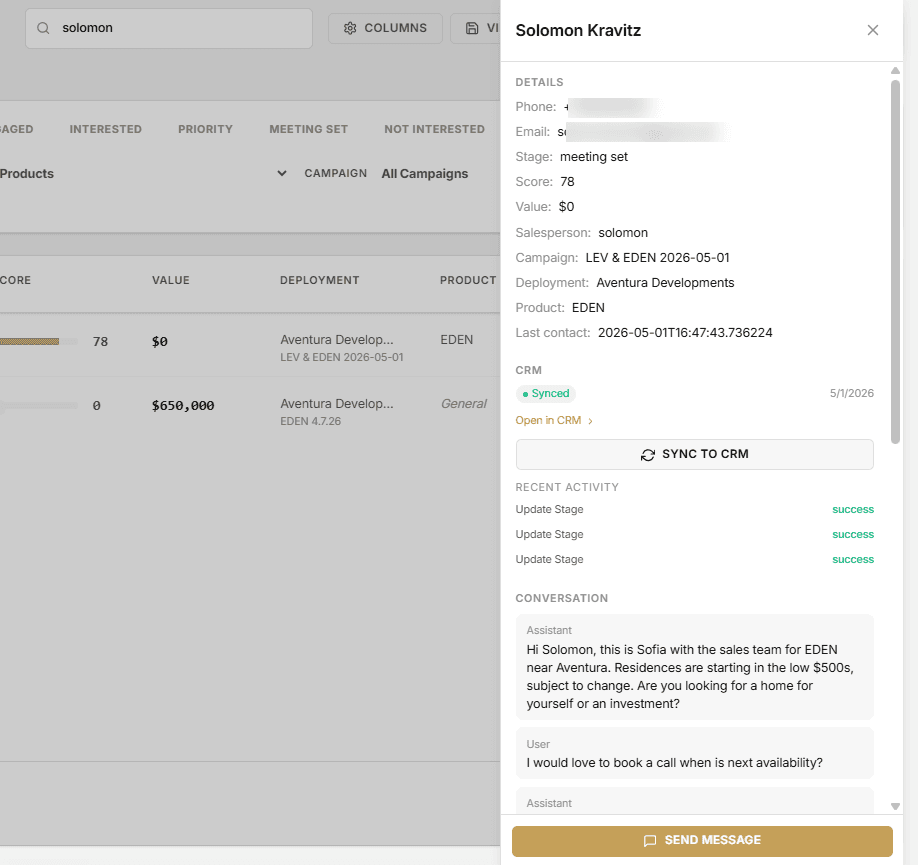 TalonPulse lead details drawer showing contact fields, CRM status, recent activity, and conversation context.