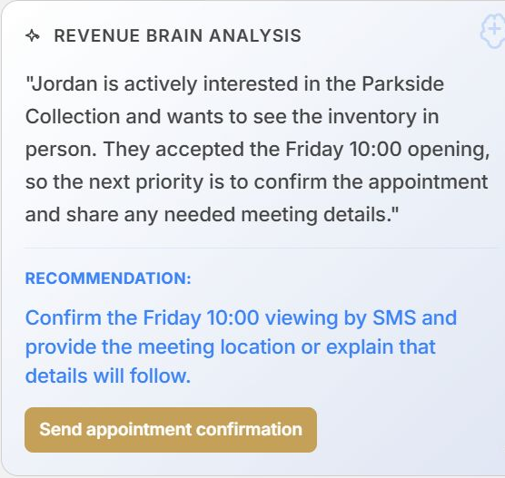 AI analysis of the demo conversation, recommending confirmation of the viewing location and logistics.