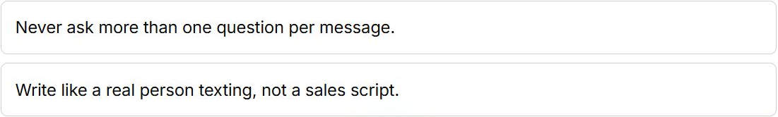 Actual reply guardrails: ask one question per message and write naturally.